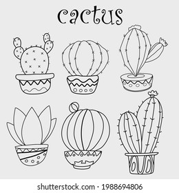 Conjunto de cactus Aislado sobre fondo blanco.Ilustración vectorial Doodle 