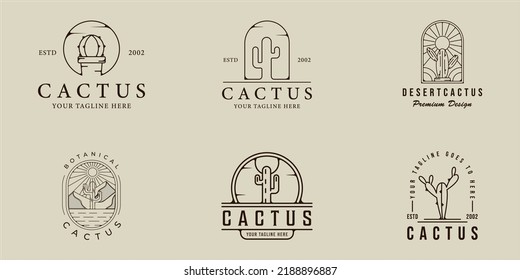 Set Of Cactus Line Art Logo Vector Simple Minimalist Illustration Template Icon Graphic Design. Bundle Collection Of Various Botanical At Desert Sign Or Symbol Environment With Badge Typography