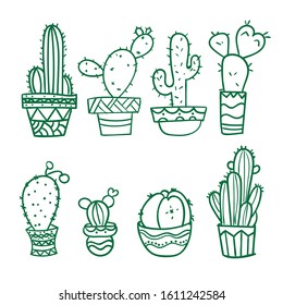 set of cactus line drawings