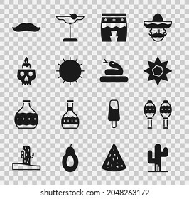 Set Cactus, Maracas, Sun, Huehuetl, Burning candle on skull, Mustache and Snake icon. Vector