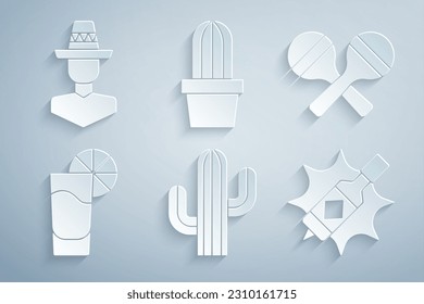 Set Cactus, Maracas, Tequila glass with lemon, Tabasco sauce, or succulent in pot and Mexican man sombrero icon. Vector