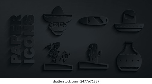 Set Cactus, Mexican sombrero, Tequila bottle, Cigar and man icon. Vector