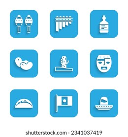 Set Cactus, Mexico flag, Mexican sombrero, Aztec mask, Taco with tortilla, Beans, Tequila bottle and Maracas icon. Vector