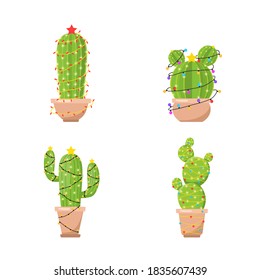Set of cactus with new year garlands. Merry Christmas. Vector illustration in flat style. Design for greeting cards or web banner.