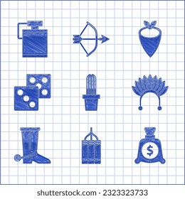 Set Cactus peyote in pot, Dynamite bomb, Money bag, Indian headdress with feathers, Cowboy boot, Game dice, bandana and Canteen water bottle icon. Vector