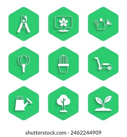 Set Cactus peyote in pot, Forest, Sprout, Lawn mower, Watering can, Flower tulip,  and Gardening handmade scissors icon. Vector