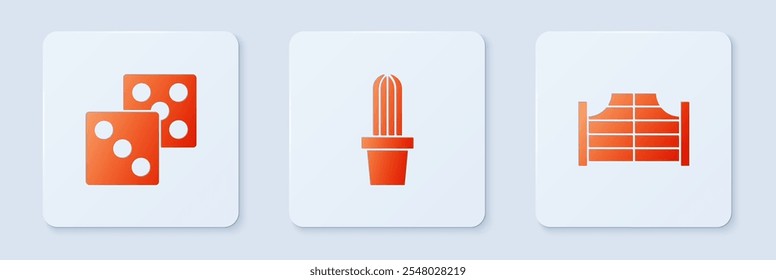 Set Cactus peyote in pot, Game dice and Saloon door. White square button. Vector