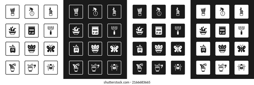 Set Cactus peyote in pot, Pack full of seeds of plant, Plant, Garden rake, Water spray bottle, Butterfly and sprayer for fertilizer icon. Vector