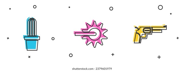 Ponga Cactus peyote en el icono de las armas de cacerola, Spur y Revolver. Vector