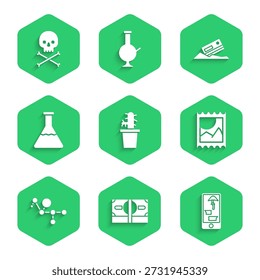 Set Cactus peyote in pot, Stacks paper money cash, Buying drugs online phone, LSD acid mark, Cannabis molecule, Test tube and flask, Cocaine credit card and Skull crossbones icon. Vector