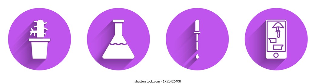 Set Cactus peyote in pot, Test tube and flask, Pipette and Buying drugs online on phone icon with long shadow. Vector