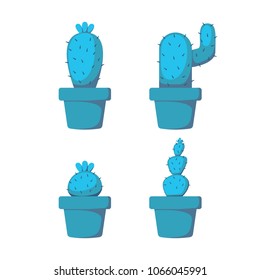 Set cactus plant with flower on pot vector object element decoration for illustration project in blue scheme shading color