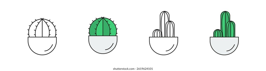 Set of cactus plant icons in pots, shown in simple black and green design, perfect for nature, decor, and botanical themes.
