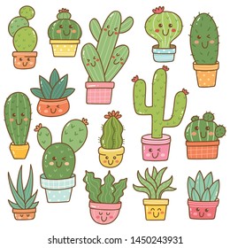 Set Of Cactus Plant In Kawaii Doodle Style Vector