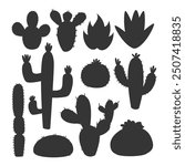 Set of cactus plant silhouette, black aloe and leaves. Collection of exotic plants. Decorative natural elements are isolated on white. Cactus with flowers illustration.