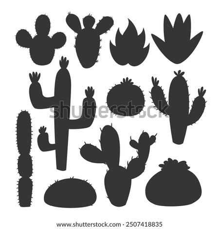 Set of cactus plant silhouette, black aloe and leaves. Collection of exotic plants. Decorative natural elements are isolated on white. Cactus with flowers illustration.