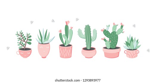 Set of cactus plants in garden pottery. Pretty and soft pastel colors. Trendy vector.