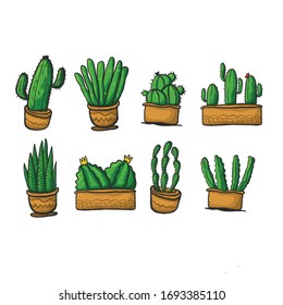 Set of  cactus plants in garden pottery with hand written font. Hand drawn doodle sketch vector illustration.