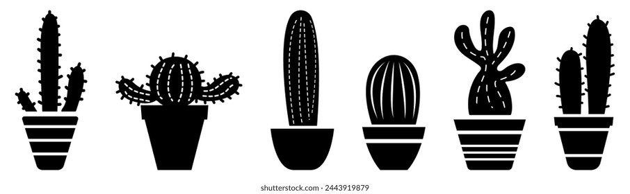 Set of cactus plants. Home plants cactus in pots
