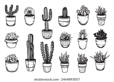 Conjunto de plantas de cactus en macetas dibujado a mano Ilustración vectorial de garabato, Clipart de cactus aislado