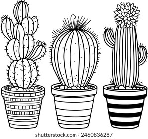 set of cactus in pot . Coloring page black and white cacti three in a row in pots. Simple vector coloring book