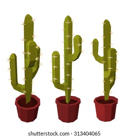 Set of cactus in a pot isolated on white background. Low poly. Vector illustration.
