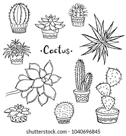 Set of cactus in a pot on a white background. Doodle. Vector illustration. Perfect for coloring book, greeting card, print.