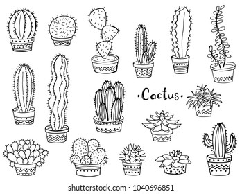 Set of cactus in a pot on a white background. Doodle. Vector illustration. Perfect for coloring book, greeting card, print.