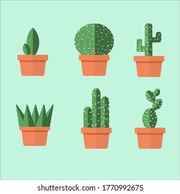 set of cactus in the pot with papercut style,Decorative natural elements are isolated on mint green background