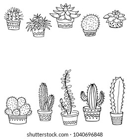 Set of cactus in a pot with space for text on a white background. Doodle. Vector illustration. Perfect for coloring book, greeting card, print.