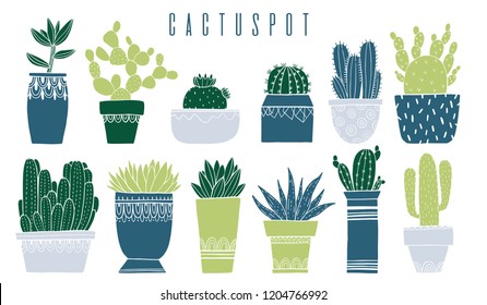 Set cactus pot and succulent in sketch style. Flat drawing element design. Decoration collection plant. Vector illustration.