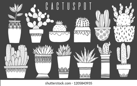 Set cactus pot and succulent in sketch style.White element isolated in black. Flat drawing element design. Decoration collection plant. Vector illustration.