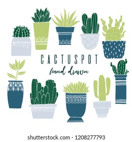 Set cactus pot and succulent in sketch style. Flat drawing element design. Decoration collection plant. Vector illustration.