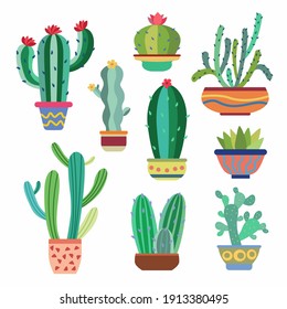 Set of cactus in a potplants. Simple flat vector illustration