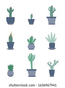 Set of cactus in pots in hand drawn style. Doodle collection. Cacti flower background. Cute vector illustration.    
