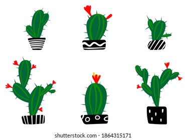 Set Cactus in pots hand drawn on white background dodle style. Vector illustration