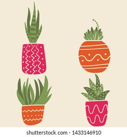 Set of cactus in pots. Succulents in pots. Flat vector illustration for stickers, scrapbooking. Succulents design elements.