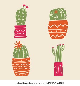 Set of cactus in pots. Succulents in pots. Flat vector illustration for stickers, scrapbooking. Succulents design elements.