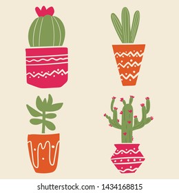 Set of cactus in pots. Succulents in pots. Flat vector illustration for stickers, scrapbooking. Succulents design elements.