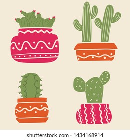 Set of cactus in pots. Succulents in pots. Flat vector illustration for stickers, scrapbooking. Succulents design elements.