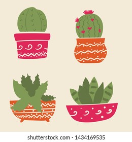 Set of cactus in pots. Succulents in pots. Flat vector illustration for stickers, scrapbooking. Succulents design elements.