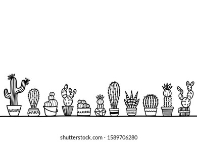 A set of cactus in pots. There’re various shapes and dimensions isolated on white background. Cute hand drawing doodle style, graphic design for minimalist banner, advertising, backdrop and etc.