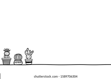 A set of cactus in pots. There’re various shapes and dimensions isolated on white background. Cute hand drawing doodle style, graphic design for minimalist banner, advertising, backdrop and etc.