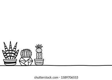 A set of cactus in pots. There’re various shapes and dimensions isolated on white background. Cute hand drawing doodle style, graphic design for minimalist banner, advertising, backdrop and etc.