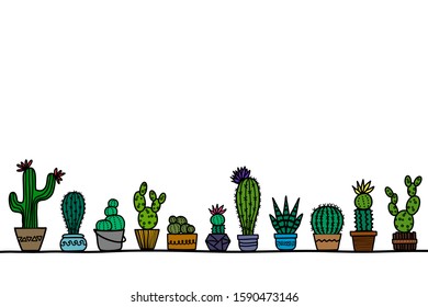 A set of cactus in pots. There’re various shapes and dimensions isolated on white background. Cute hand drawing doodle style, graphic design for minimalist banner, advertising, backdrop and etc.