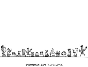A set of cactus in pots. There’re various shapes and dimensions isolated on white background. Cute hand drawing doodle style, graphic design for minimalist banner, advertising, backdrop and etc.