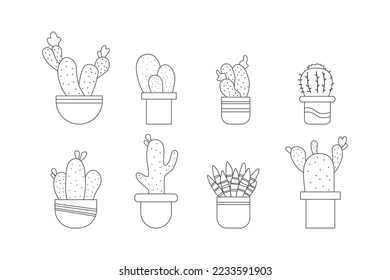 Conjunto de cactus en maceta por la ilustración de la colección de la línea delgada negra.