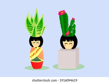 Un conjunto de cactus y plantas de Sansevieria con unas macetas bonitas y únicas en forma de niña, le dan una impresión estética a su habitación. utilice esta ilustración para captar la atención de una gran multitud.