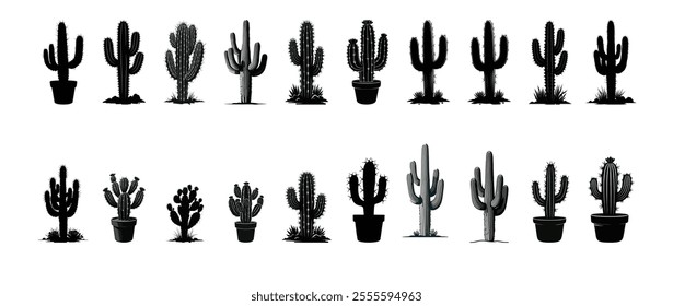 Set of Cactus Silhouettes in Pots and Ground