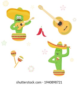 Set cactus in a sombrero with a guitar and maracas in a pot, Chilli pepper. Picture with white background